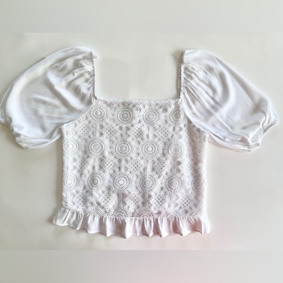 ✨NWT✨ Reitmans Short-Puffy-Sleeve Crochet Blouse with Square Neckline Size M - Picture 8 of 13